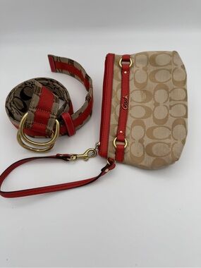 Vintage Coach Signature Jacquard Wristlet & Belt Set Beige Orange Y2K